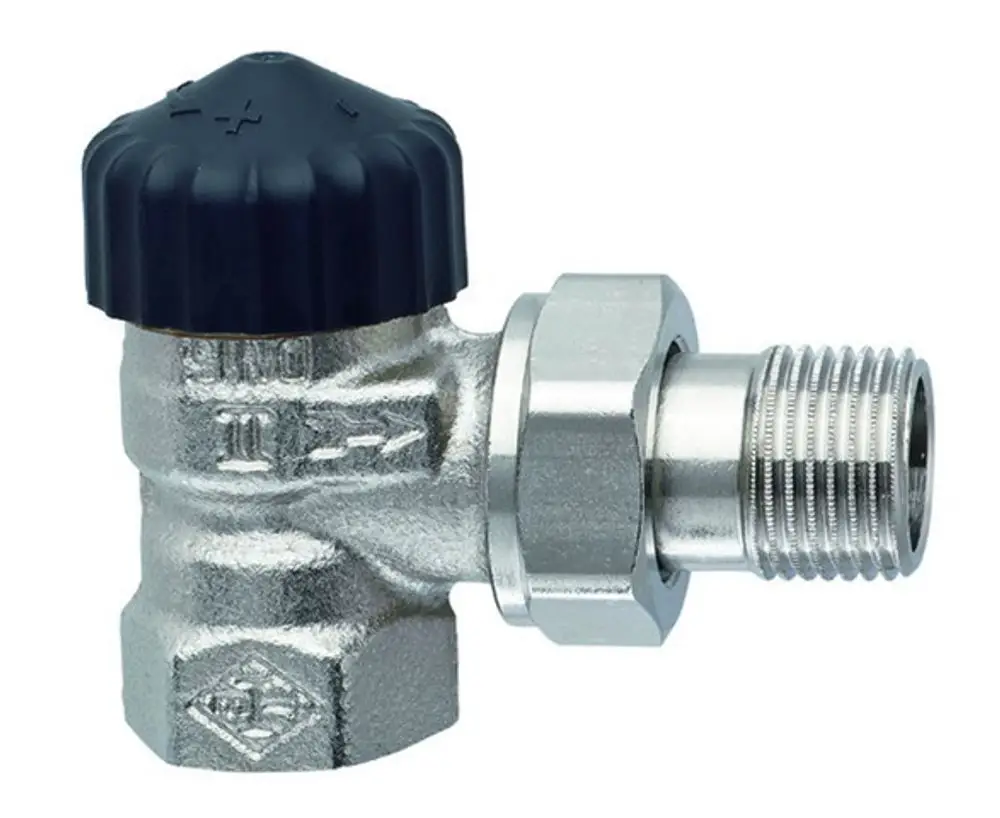Thermostatventilunterteil in Eckform mit vernickelter Oberfläche, hergestellt von IMI Hydronic Engineering. Anschlussgewinde deutlich sichtbar.